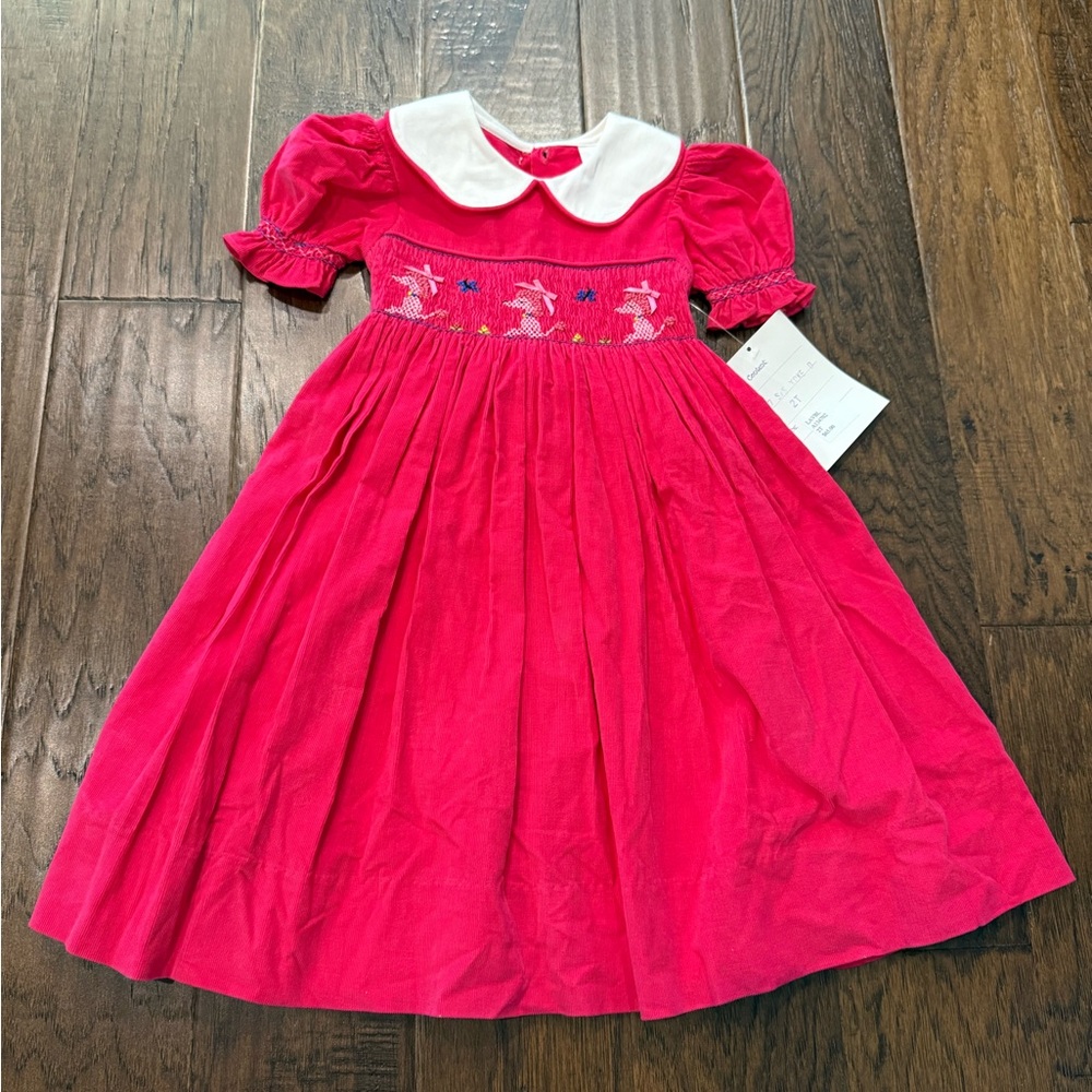 Smocked Pink Dress with White Collar poodles 2T NWT